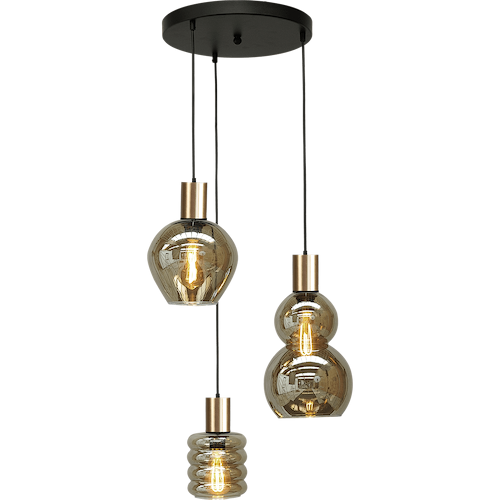 Hanglamp Bounty 3-lichts mat zwart/mat goud Ø35cm - 3x E27 hanger mat zwart 150cm - 1x glas smoke 62260-05-2 - 1x glas smoke 62260-05-3  - 1x glas smoke 62260-05-7 - MASTERLIGHT