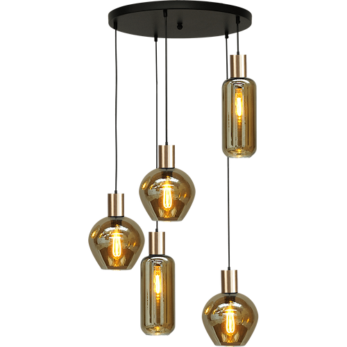 Hanglamp Bounty 5-lichts mat zwart/mat goud Ø50cm - 5x E27 hanger mat zwart - 3x glas smoke 62260-05-3 - +2x glas smoke 62260-05-5 - MASTERLIGHT