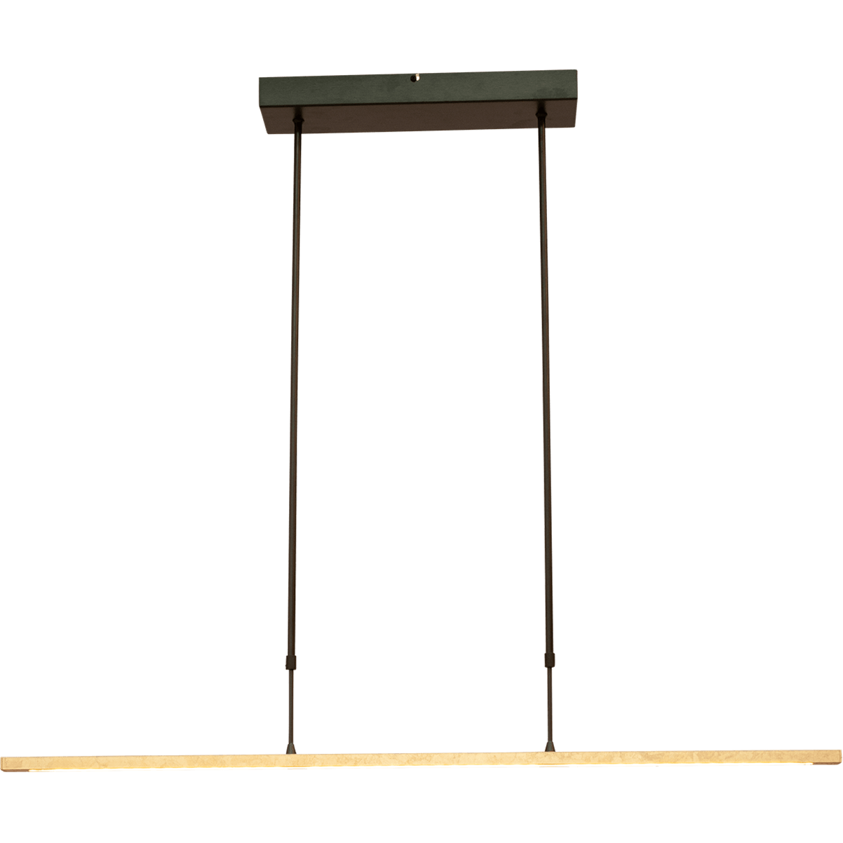 Hanglamp Real 2 - minimalistische smalle hanglamp zwart nickel/bladgoud 100 x 3 cm - dimbaar met ingebouwde dimmer - DTW - 26W - 2200-2700K - 3120 Lumen - push-dimmer. De LED lichtbron is voorzien van de nieuwe dim to warm technologie. Dat wil zeggen dat als u de lamp dimt met de pushdimmer - het licht minder maar ook warmer wordt. Voluit is de lichtkleur 2700 Kelvin (warm wit) en gedimd 2200 Kelvin (Flame). MASTERLIGHT