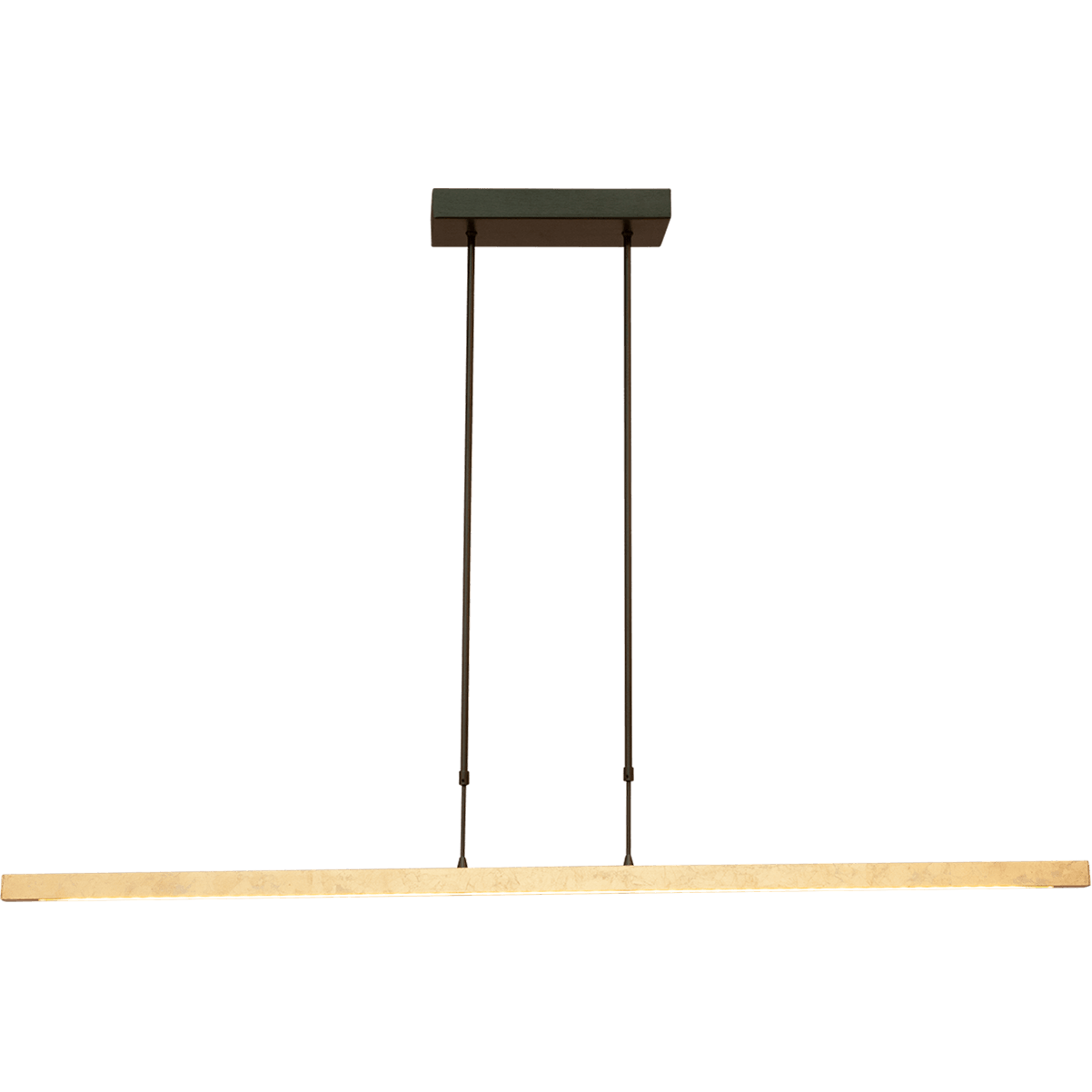 Hanglamp Real 3 - minimalistische smalle hanglamp zwart nikkel/bladgoud 130 x 3 cm - dimbaar met ingebouwde dimmer - DTW - 44W - 2700-2200K - 5280 Lumen - push-dimmer. De LED lichtbron is voorzien van de nieuwe dim to warm technologie. Dat wil zeggen dat als u de lamp dimt met de pushdimmer - het licht minder maar ook warmer wordt. Voluit is de lichtkleur 2700 Kelvin (warm wit) en gedimd 2200 Kelvin (Flame). MASTERLIGHT