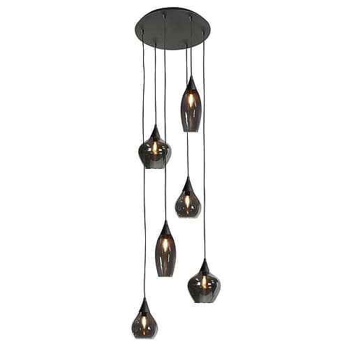 Hanglamp Cambio 6 X E14 rond Mat Zwart + glas Smoke