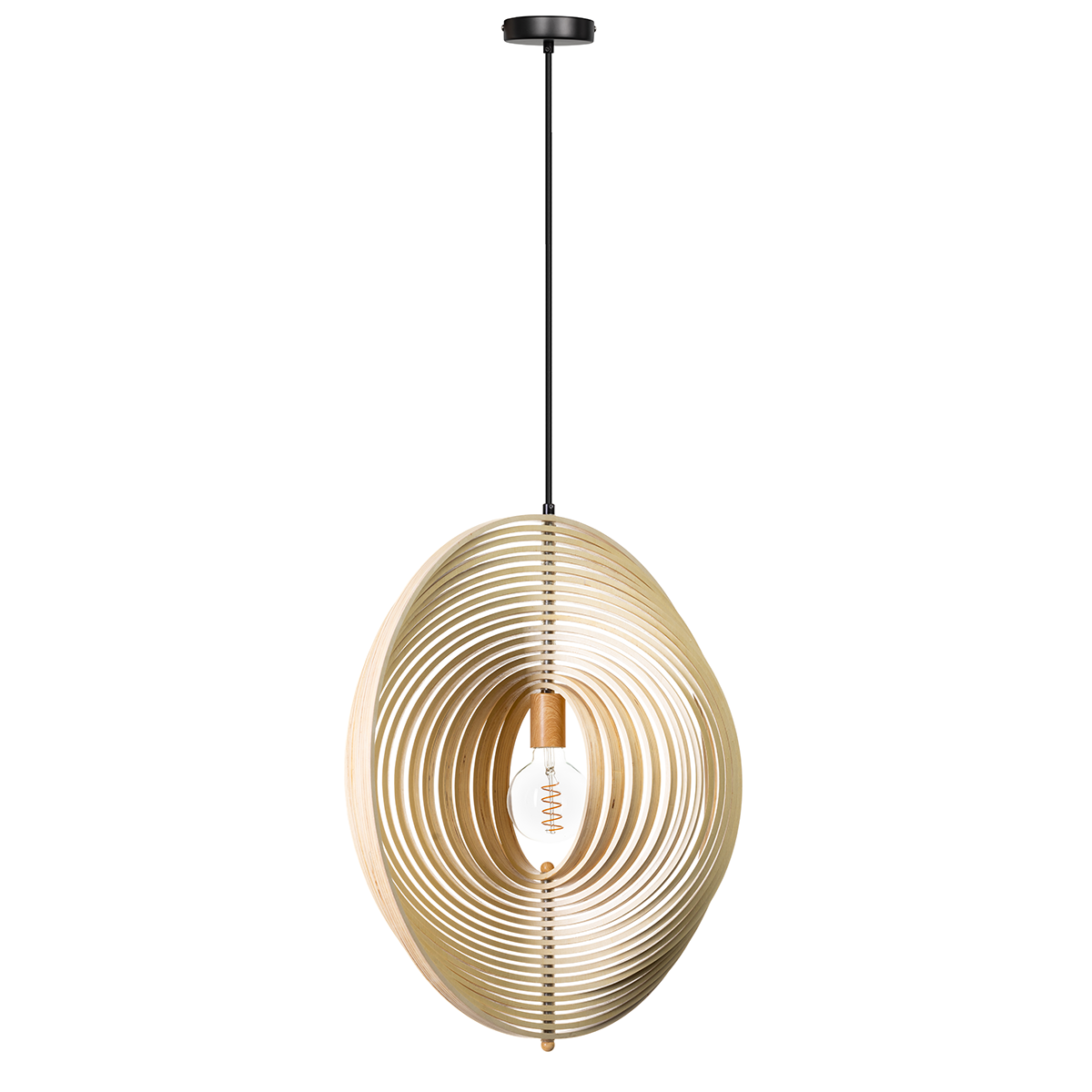 diameter 59 cm. De ringen zijn allemaal verstelbaar - ETH. De foto's tonen aan hoe verschillend de lamp wordt door met de ringen te spelen. Binnen de Woody serie van het merk ETH zijn vier varianten. Twee verschillende afmetingen en een versie van naturel hout binnenzijde en buitenzijde en een variant met een zwarte buitenzijde en naturel houten binnenzijde. Zoek op 'Woody' in het zoekveld op onze website en u ziet ze allemaal.