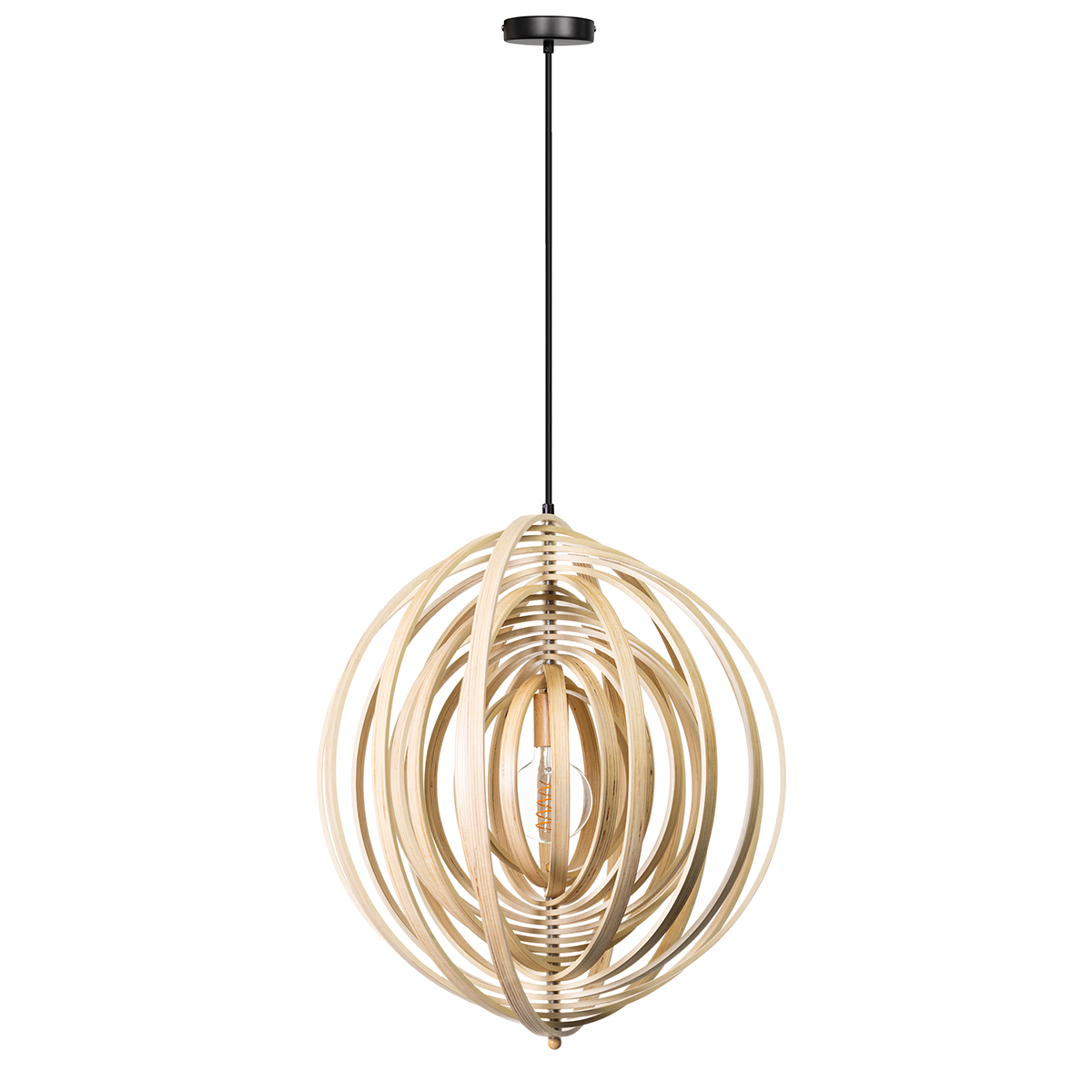 diameter 59 cm. De ringen zijn allemaal verstelbaar - ETH. De foto's tonen aan hoe verschillend de lamp wordt door met de ringen te spelen. Binnen de Woody serie van het merk ETH zijn vier varianten. Twee verschillende afmetingen en een versie van naturel hout binnenzijde en buitenzijde en een variant met een zwarte buitenzijde en naturel houten binnenzijde. Zoek op 'Woody' in het zoekveld op onze website en u ziet ze allemaal.