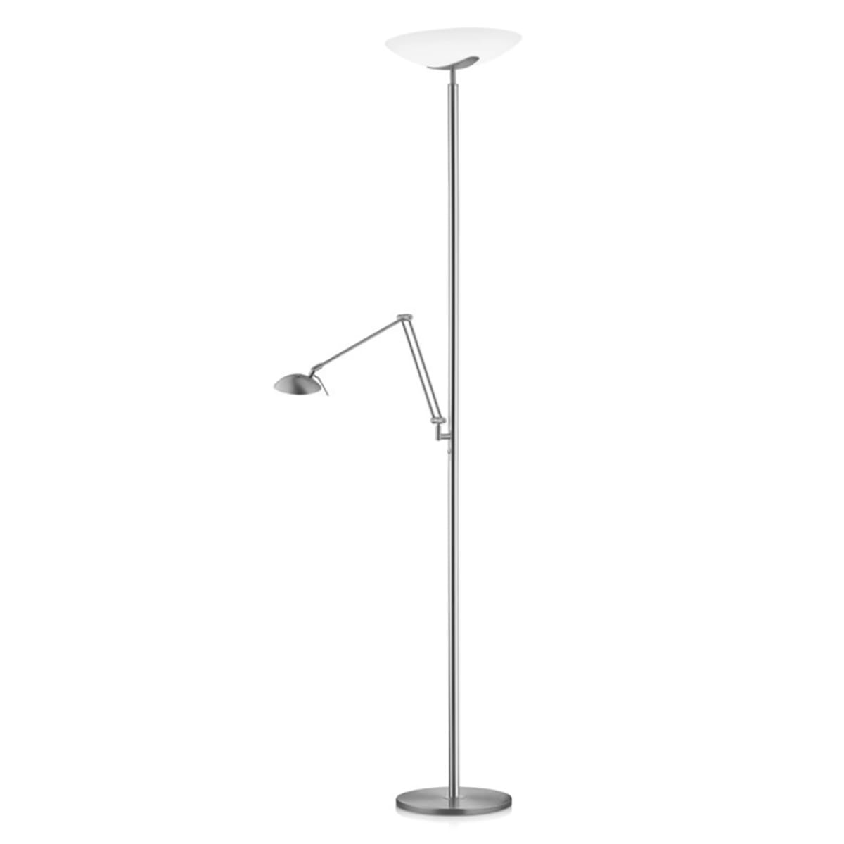 Vloerlamp, leeslamp. Serie: ALMA-L. Kleur: nikkel mat / chromet. Glas opal mat wit. KNAPSTEIN