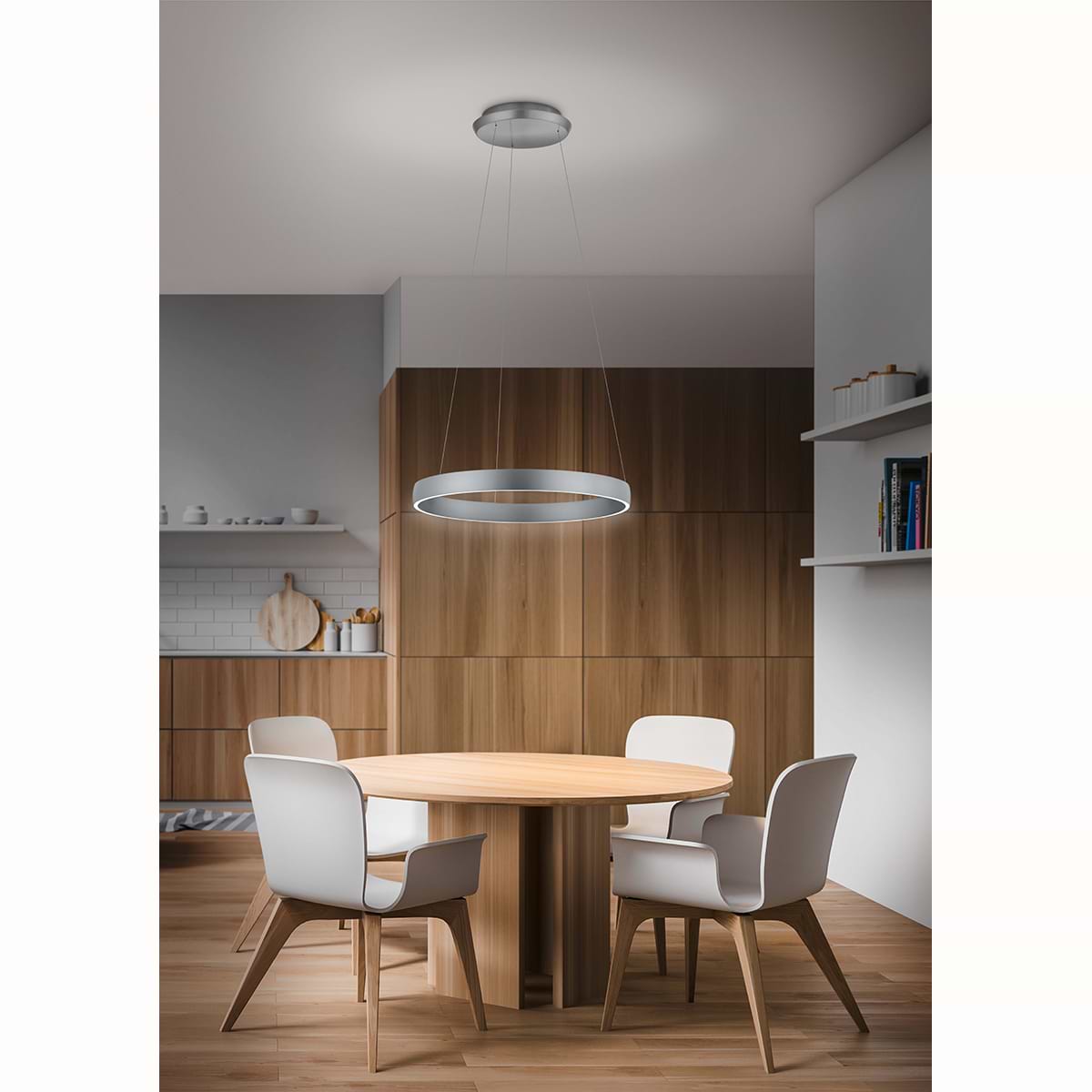 van de Duitse fabrikant Knapstein. Direct en indirecte verlichting. Boven en onder licht zijn apart van elkaar door twee gebaarbedieningen in- en uit te schakelen en te dimmen. De lichtkleur van het boven en van het onderlicht kan door twee gebaarbedieningen apart van elkaar ingesteld worden tussen 2.200 en 3.000 Kelvin. Geheugenfunctie. De lamp is traploos in hoogte verstelbaar