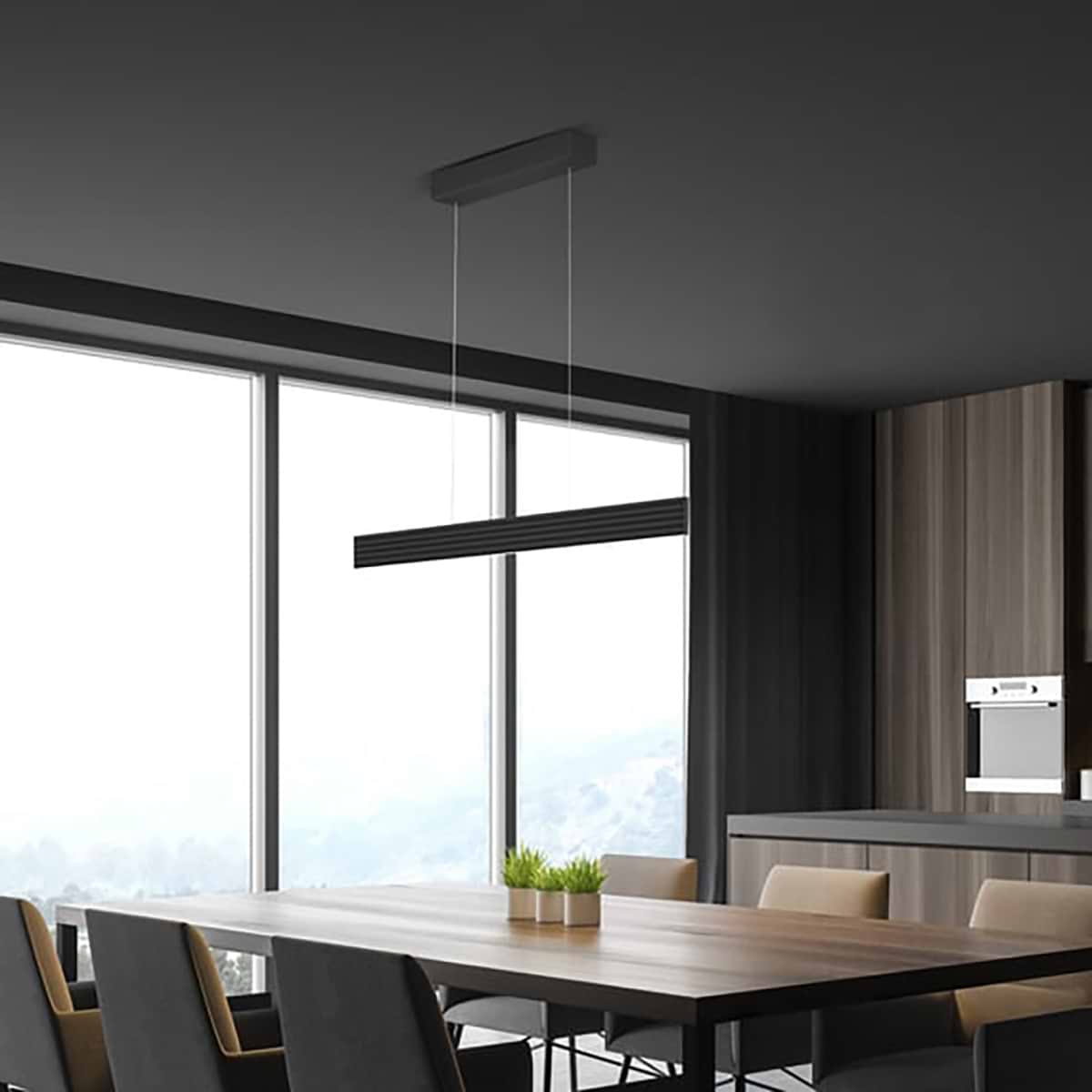 Moderne smalle design hanglamp, 51.508.07, van de Duitse fabrikant Knapstein. Direct en indirecte verlichting. Boven en onder licht zijn apart van elkaar door twee gebaarbedieningen in- en uit te schakelen en te dimmen. De lichtkleur van het boven en van het onderlicht kan door twee gebaarbedieningen apart van elkaar ingesteld worden tussen 2.200 en 3.000 Kelvin. Geheugenfunctie. De lamp is traploos in hoogte verstelbaar, bereik 1000 mm. Geen zichtbare schroeven in de plafondplaat. Alle lampen van Knapstein zijn van zeer degelijke kwaliteit. Voor meer opties uit de serie: FARA-112, kunt u de zoekfunctie gebruiken op onze site. Dan ziet u welke andere opties er binnen de serie zijn. Kleur: zwart. Aantal lichtpunten: 1. Lichtbron: inclusief. Breedte in mm: 75. Lengte/diepte in mm: 1120.