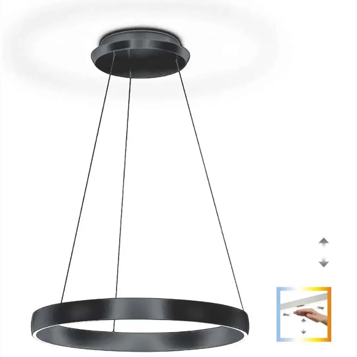Moderne design hanglamp, 51.496.07, van de Duitse fabrikant Knapstein. Direct en indirecte verlichting. Boven en onder licht zijn apart van elkaar door twee gebaarbedieningen in- en uit te schakelen en te dimmen. De lichtkleur van het boven en van het onderlicht kan door twee gebaarbedieningen apart van elkaar ingesteld worden tussen 2.200 en 3.000 Kelvin. Geheugenfunctie. De lamp is traploos in hoogte verstelbaar, bereik 1000 mm. Geen zichtbare schroeven in de plafondplaat. Alle lampen van Knapstein zijn van zeer degelijke kwaliteit. Voor meer opties uit de serie: SARA-60, kunt u de zoekfunctie gebruiken op onze site. Dan ziet u welke andere opties er binnen de serie zijn. Kleur: zwart. Aantal lichtpunten: 1. Lichtbron: inclusief. Breedte in mm: ø 600. Diameter in mm: 600.