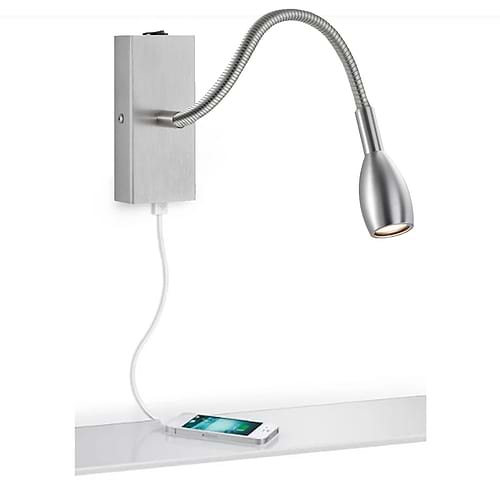 Wandlamp, leeslamp, 21.840.05, van de Duitse fabrikant Knapstein. Alle lampen van Knapstein zijn van zeer degelijke kwaliteit. Voor meer opties uit de serie: ASTA, kunt u de zoekfunctie gebruiken op onze site. Dan ziet u welke andere opties er binnen de serie zijn. Kleur: nikkel mat. Aantal lichtpunten: 1. Lichtbron: inclusief. Breedte in mm: 55. Lengte/diepte in mm: 425. Met aan/uit schakelaar op het armatuur en met USB voor het laden van een telefoon of tablet.