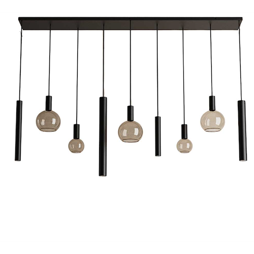 Hanglamp Riva, dikke buizen, armatuur Ral 9005, artikelnummer 4325-9005+88812, met 9 lichtpunten.
