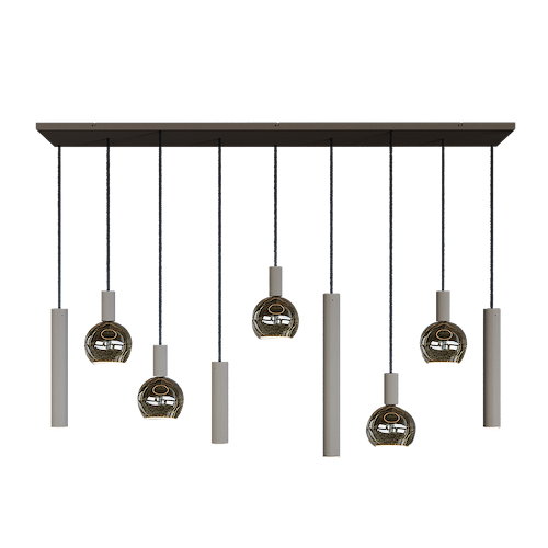 Hanglamp Riva, dikke buizen, armatuur Ral 9005, artikelnummer 4325-9005+88812, met 9 lichtpunten.