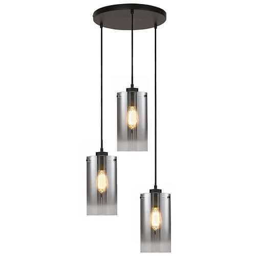 Plafndlamp zwart met smoke glas, drie hangende lampen kappen