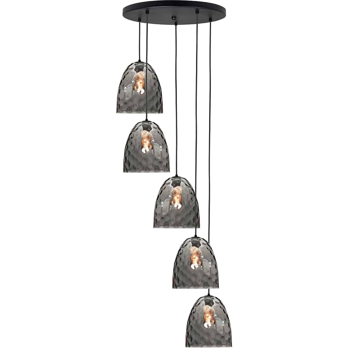 Hanglamp met vijf dezelfde glazen lampenkappen onder elkaar hangend. Glas is lichtgrijs doorschijnend