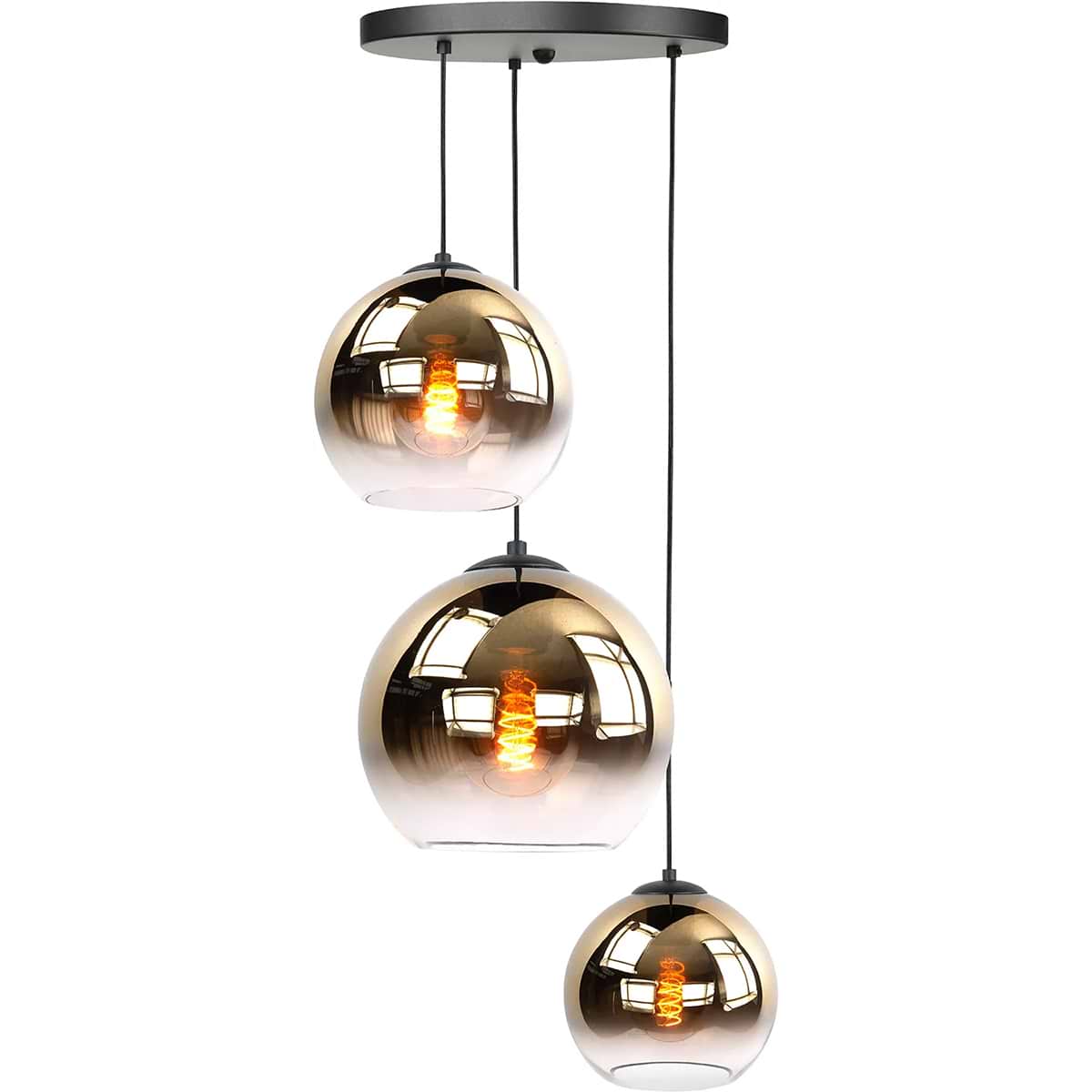 Hanglamp met drie lichtpunten, met glazen goudkleurige lampenkappen, drie verschillende afmetingen