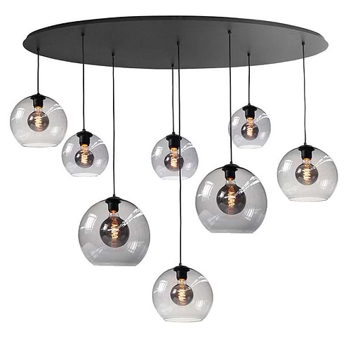 Grote hanglamp, ovaal zwart, met acht lichtpunten, hangende glazen lampenkappen lichtgrijs doorschijnend van kleur