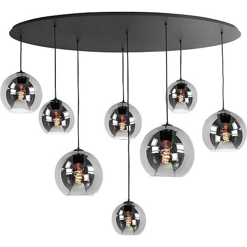 Hanglmap zwart ovaal vorm, met 8 hangende glazen lampenkappen zilver grijs gekleurd