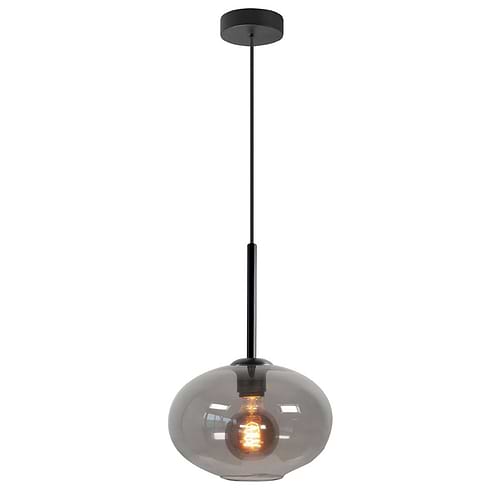 Hanglamp rond, zwart, met glazen smoke grijze lampenkap