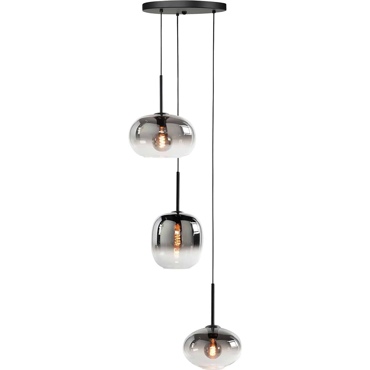 Hanglamp zwart armatuur, rond, met drie op verschillende hoogtes hangende grijs transparante glazen lampenkappen in verschillende vormen