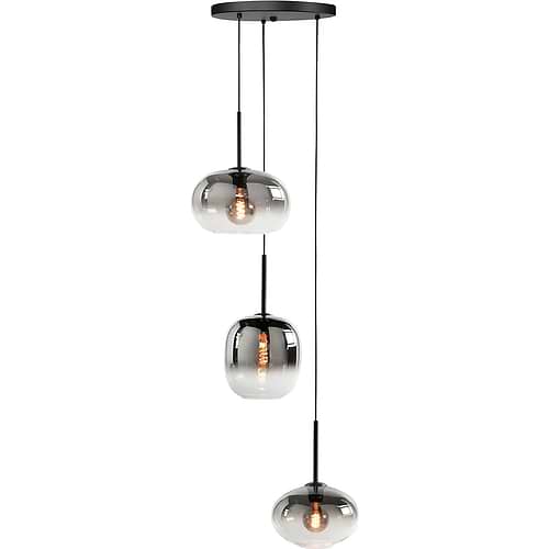 Hanglamp zwart armatuur, rond, met drie op verschillende hoogtes hangende grijs transparante glazen lampenkappen in verschillende vormen