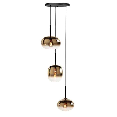 Hanglamp rond met drie semi gold glazen lampenkappen op verschillende hoogtes