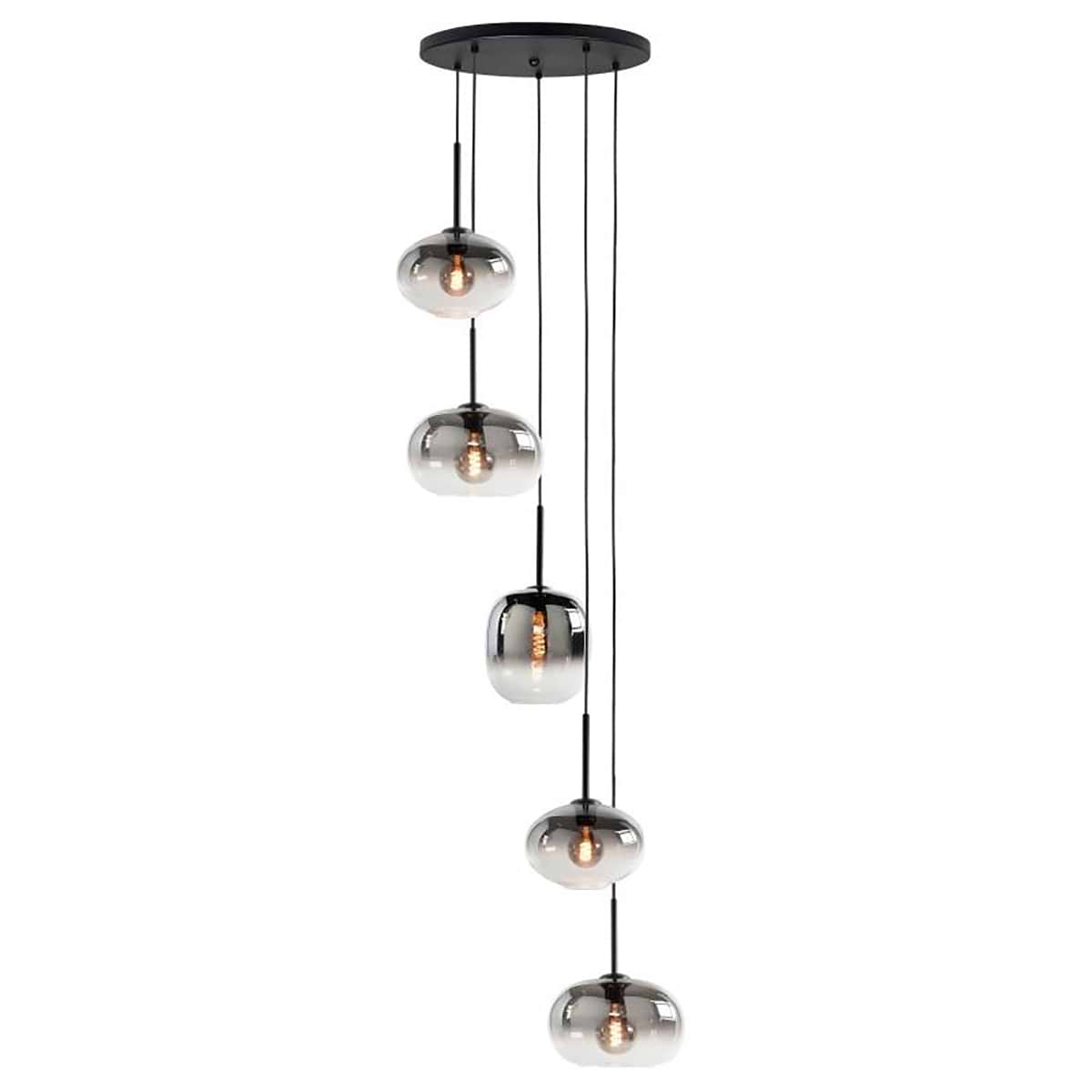 Hanglamp rond 5 X E27 Bellini Zwart met glas (G206018-G206118-G206218) – HIGHLIGHT