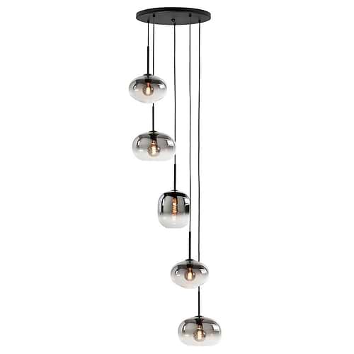 Ronde zwarte hanglamp met vijf hangende bollen van Smoke glas