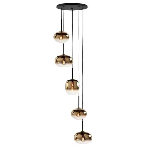 Ronde hanglamp met vijf hangende glazen bollen, goud van kleur