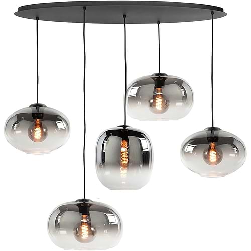 Hanglamp ovale vorm zwart, met vijf ichtpunten in de vorm van hangende glazen bollen die zwart rook kleur hebben