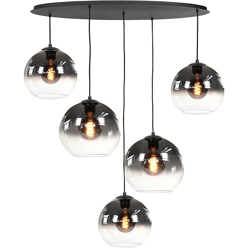 Ovale hanglamp met vijf lichtpunten met glazen bollen die semi smoke gekleurd zijn