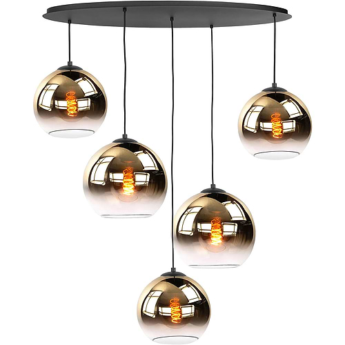 Zwarte ovale hanglamp met vijf hangende glazen lampenkappen. Glas is goudkleurig.