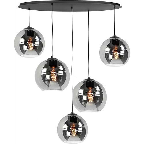 Zwarte ovale hanglamp met vijf hangende SMOKE glas bollen