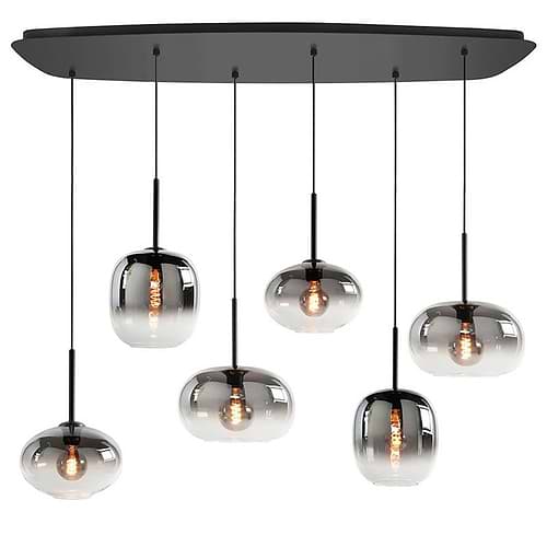 Deens ovale vorm hanglamp, zwart met 6 lichtpunten. Hangende glazen lampenkappen half grijs, half helder