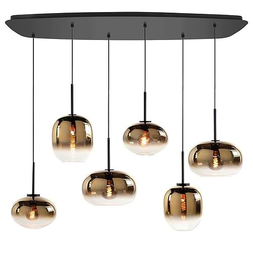 Deens ovale vorm hanglamp, zwart met 6 lichtpunten. Hangende glazen lampenkappen half Gold look, half helder