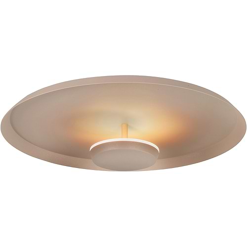 Zandkleurige ronde plafondlamp, met één licthpunt eronder, schijnend naar boven
