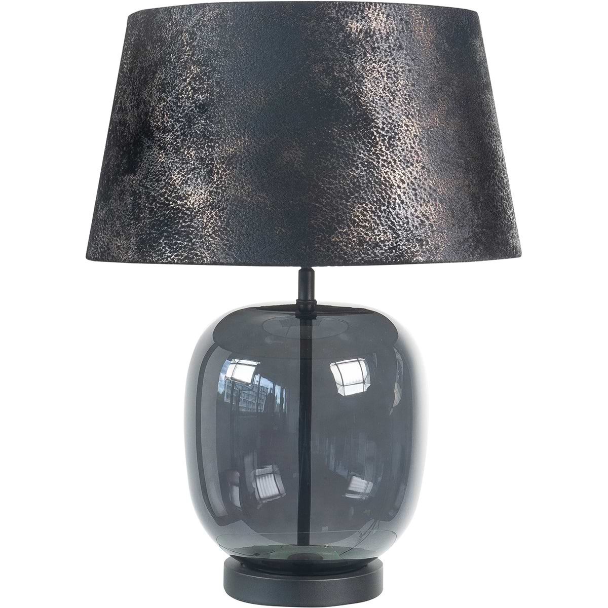 Sfeervolle tafellamp, sfeerlamp met glazen smoke/zwart kleurige voet en zwart/grijze lampenkap met structuur
