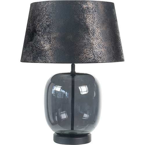 Sfeervolle tafellamp, sfeerlamp met glazen smoke/zwart kleurige voet en zwart/grijze lampenkap met structuur