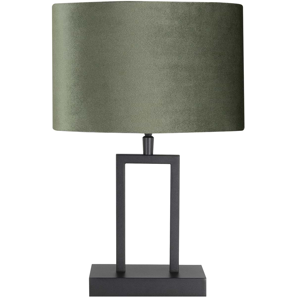 Zwarte strakke tafellamp, sfeerlamp, met groen fluwelen lampenkap