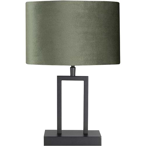 Zwarte strakke tafellamp, sfeerlamp, met groen fluwelen lampenkap