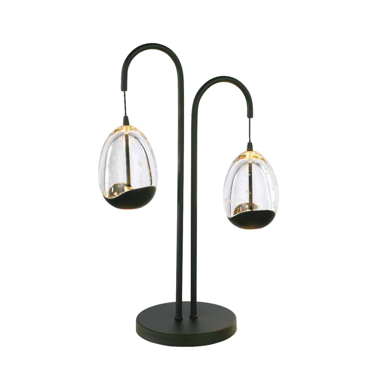 Zwarte tafellamp met twee hangende glazen lampenkapjes in de vorm van een ei, helder. Clear egg