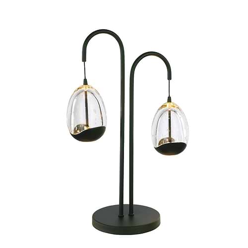 Zwarte tafellamp met twee hangende glazen lampenkapjes in de vorm van een ei, helder. Clear egg