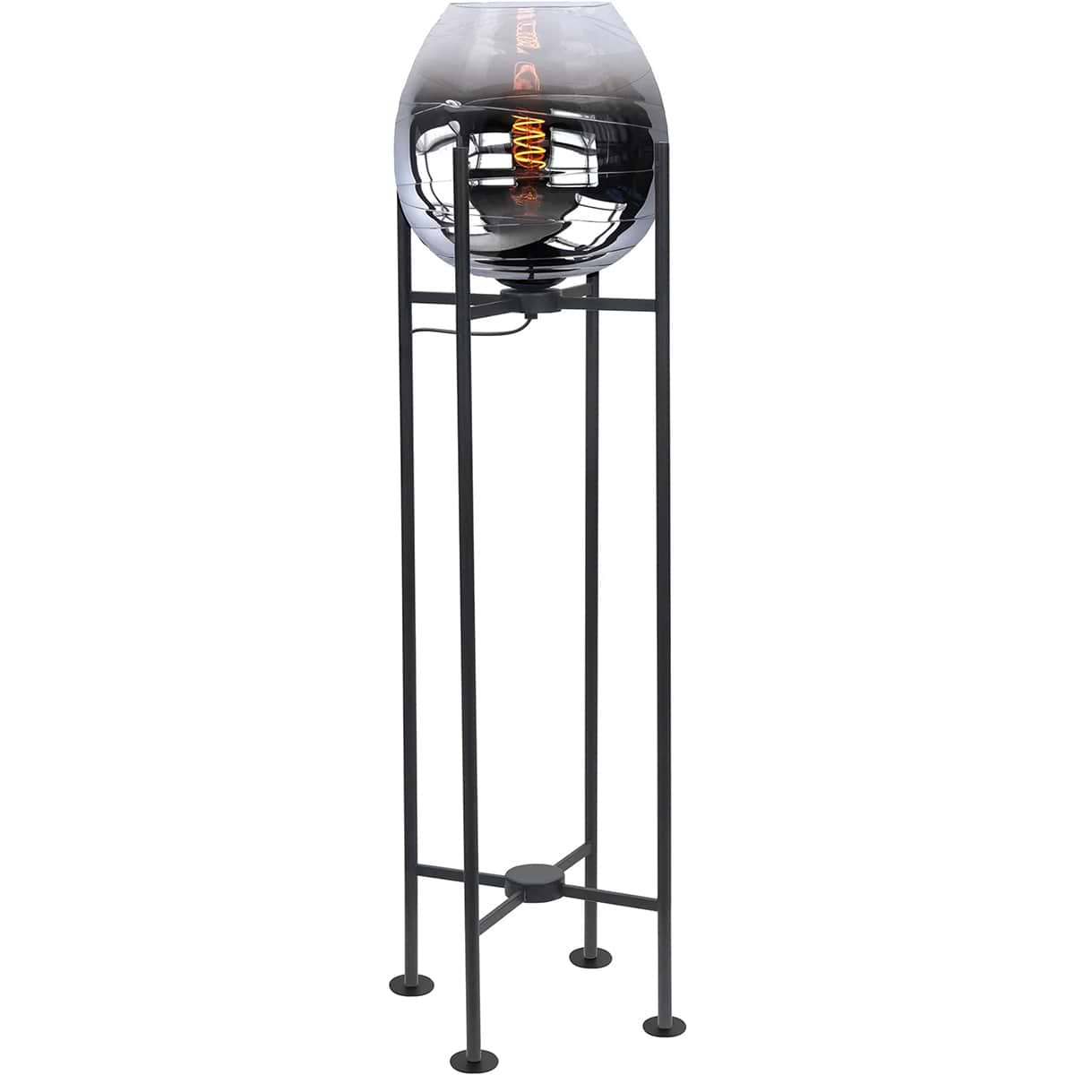zwate vloerlamp met bovenop een glazen lampenkap zwart/grijs gekleurd