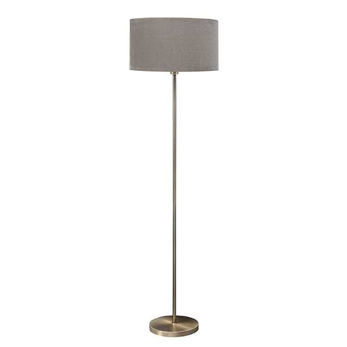 Hoge vloerlamp, schemerlamp, bronzen armatuur en grijze lampenkap