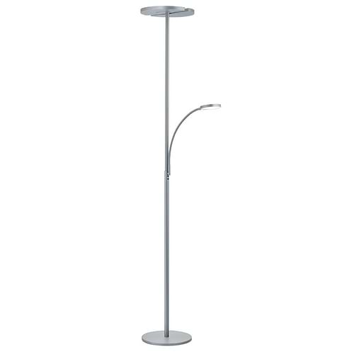 Nikkel mat kleurige vloerlamp met leesarm en met verstelbare lichtring aan bovenzijde. Dit is vloerlamp Talea-L van Knapstein.