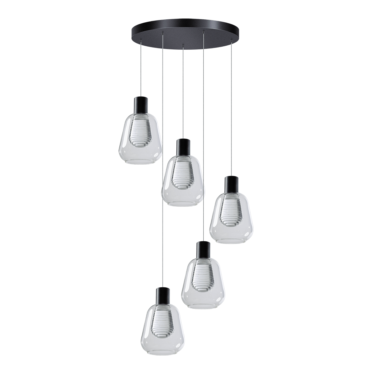 Hanglamp Gary zwart 5-lichts heldere glazen met ronde plafondplaat