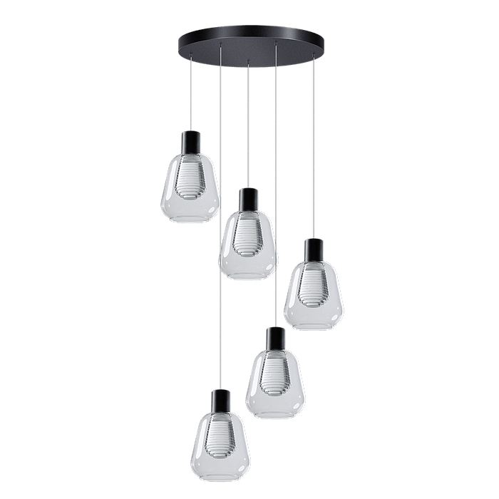 Hanglamp Gary zwart 5-lichts heldere glazen met ronde plafondplaat