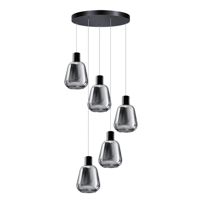 Hanglamp Gary zwart 5-lichts smoke glazen met ronde plafondplaat