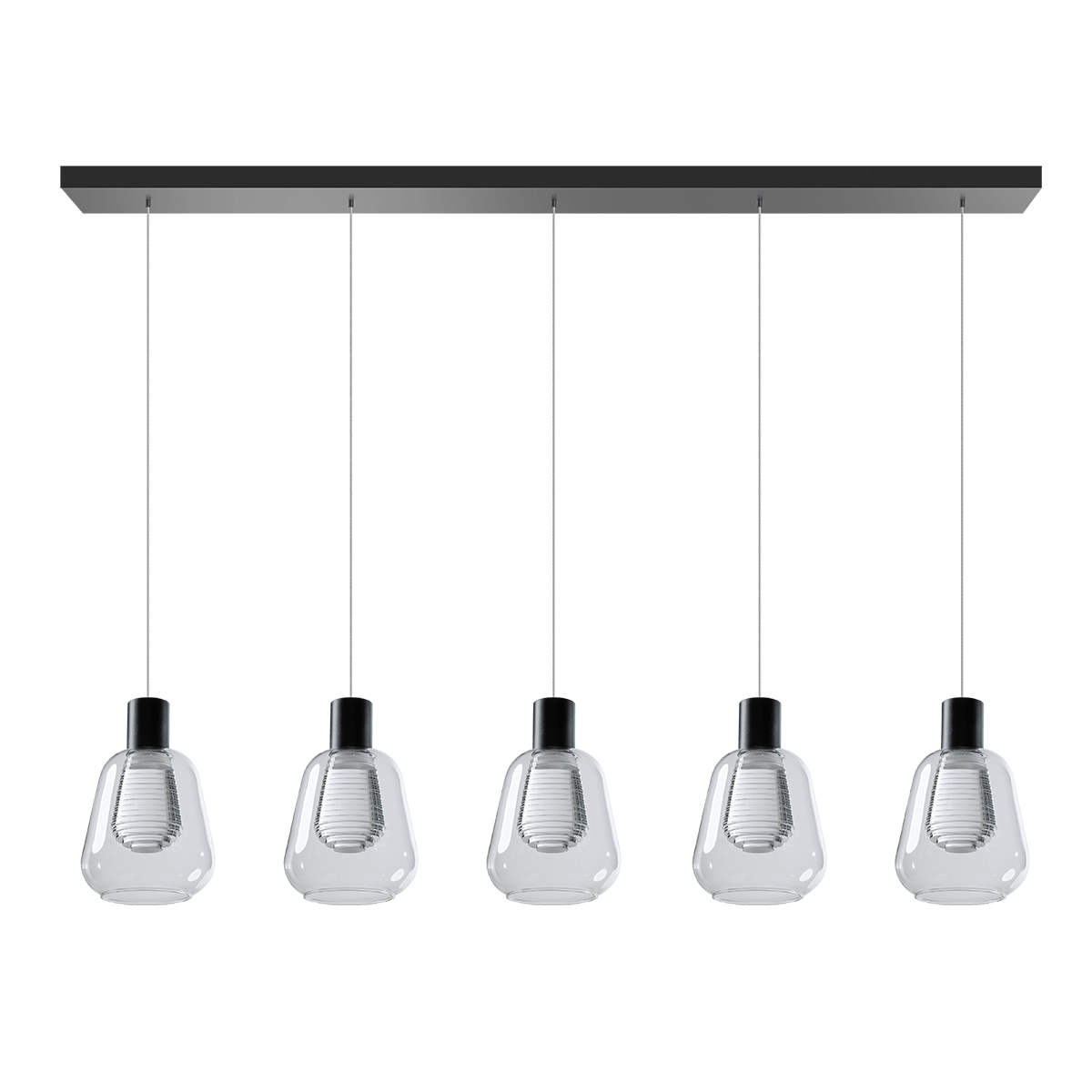 Hanglamp Gary zwart 5-lichts heldere glazen met langwerpige plafondplaat