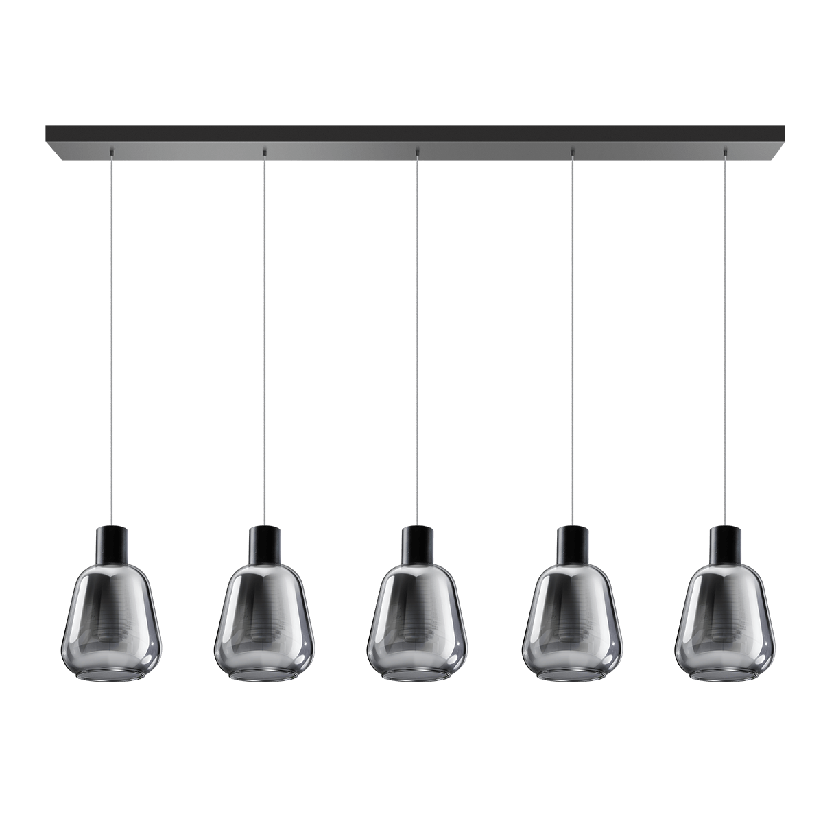 Hanglamp Gary zwart 5-lichts smoke glazen met langwerpige plafondplaat