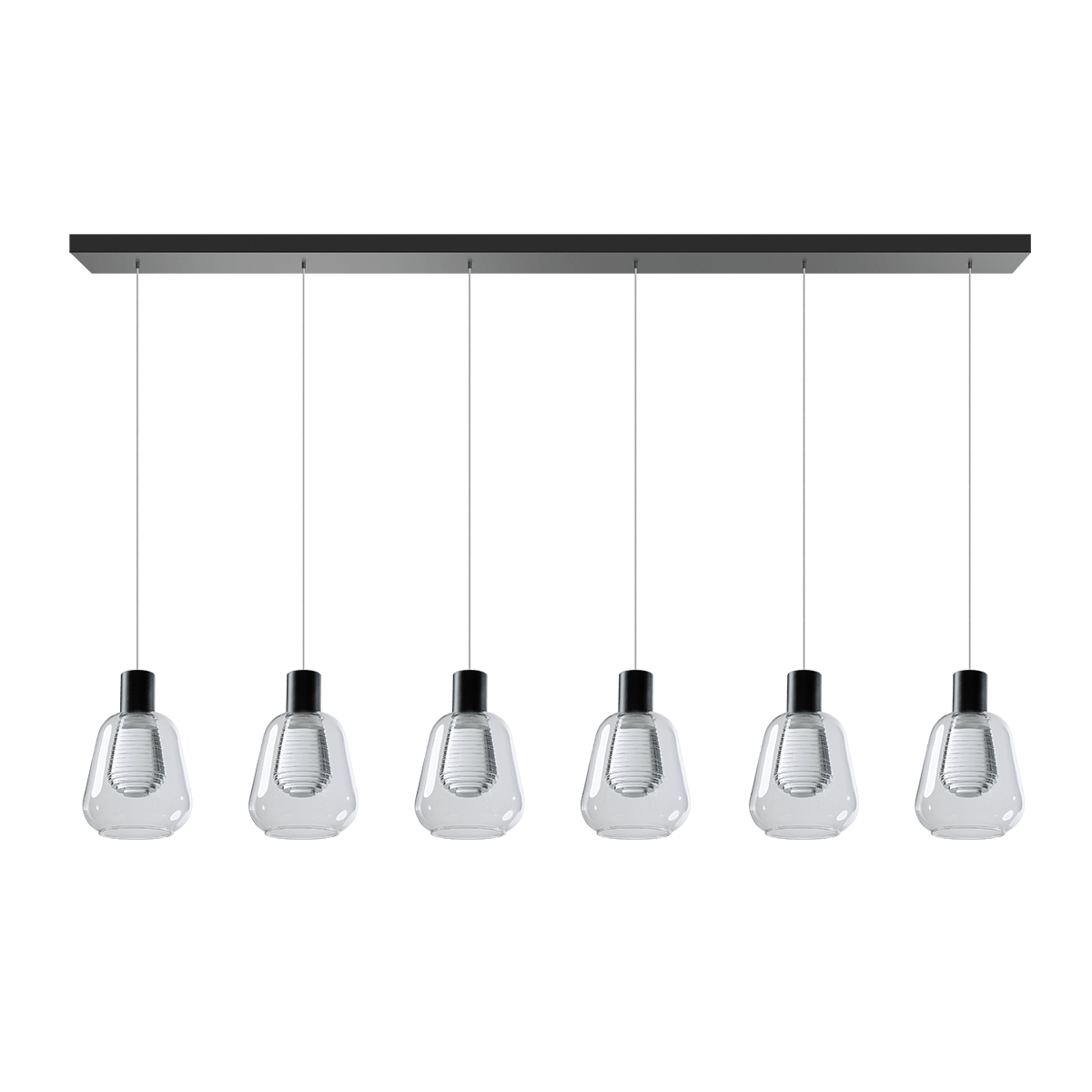 Hanglamp Gary zwart 6-lichts heldere glazen met langwerpige plafondplaat
