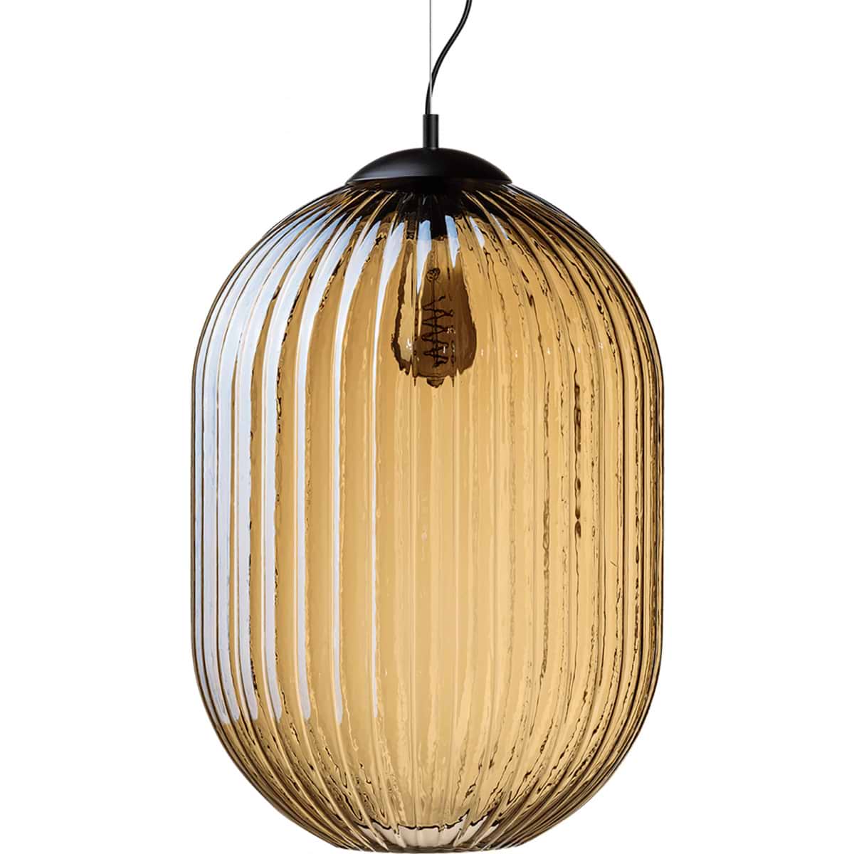 Moderne hanglamp Glamm, armatuur zwart glas amber, hoogte 136 cm, 1-lichts, ETH