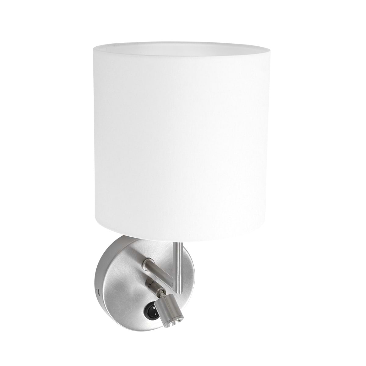 Wandlamp met LED leeslampje - staal inclusief witte linnen kap - 37 cm hoog - Noor - 1562ST - Mexlite. De lamp is te bedienen met een schakelaar op het armatuur. Het LED leeslampje is verstelbaar om het licht goed te kunnen richten.